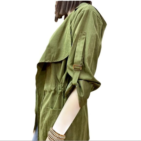Khaki Green Envelope Front Drawstring Waist Pockets Lightweight Hooded Jacket - Picture 2 of 4